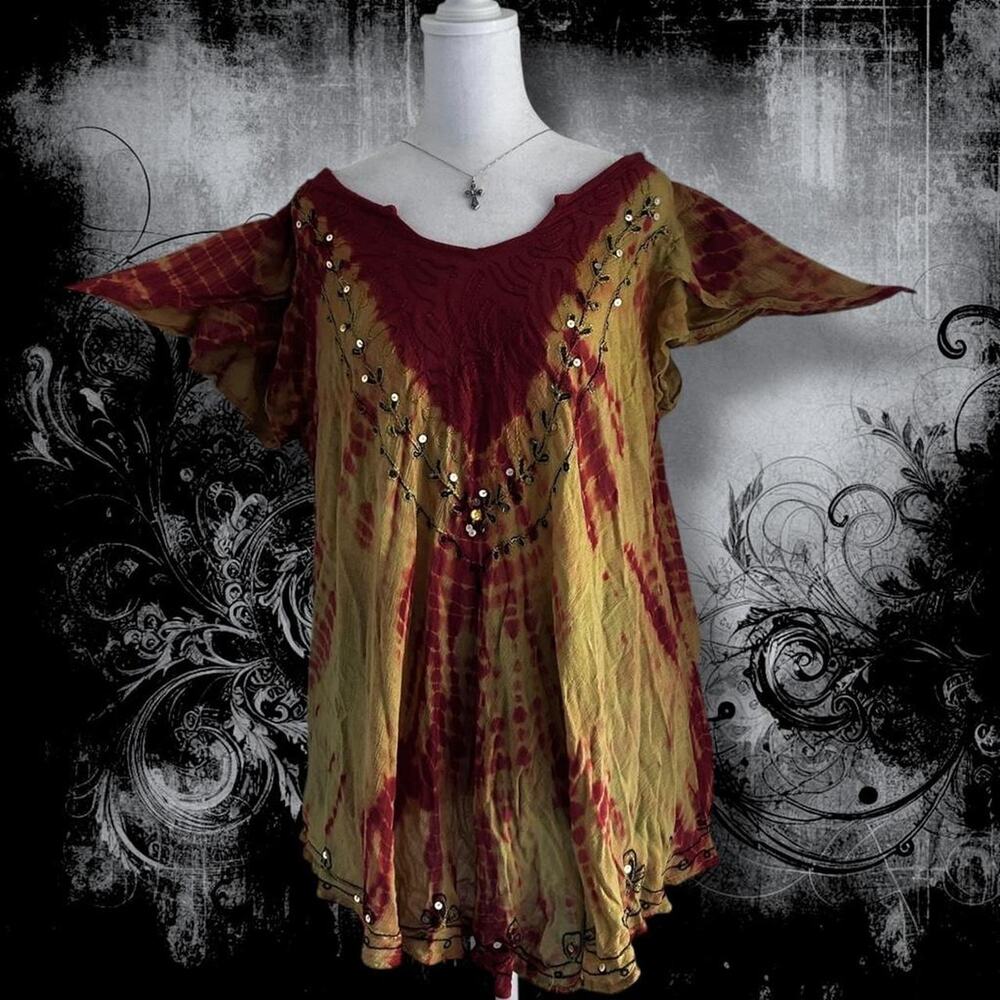 burnt orange tie dye wash vintage fairy boho blouse top